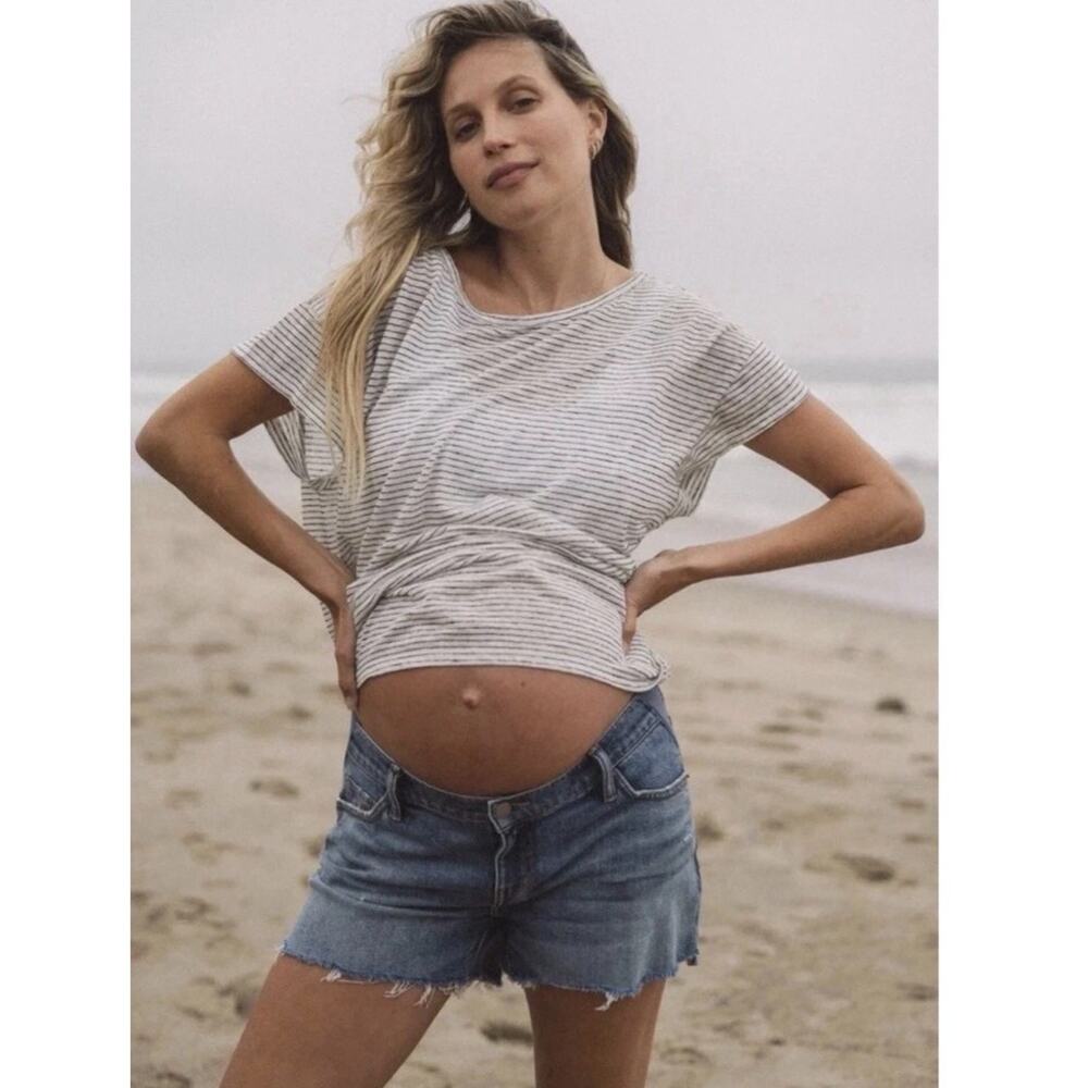 Hatch Women’s 28 Maternity Denim Shorts Blue Jean Cut Off Distressed Side Panels